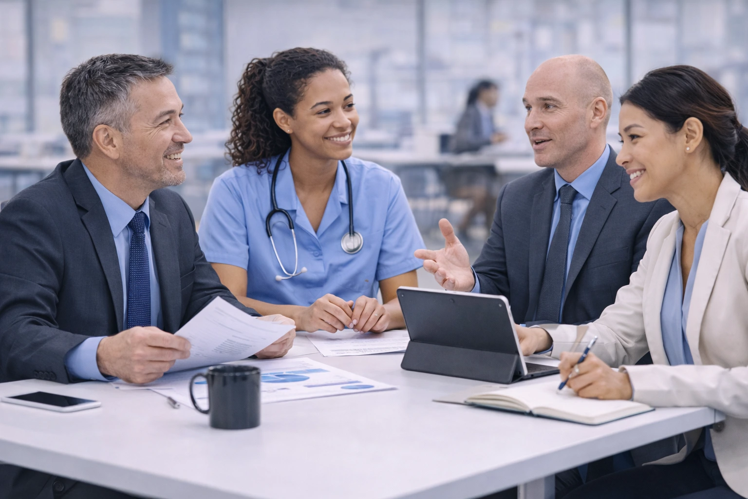 Healthcare leaders in a collaborative policy and planning discussion