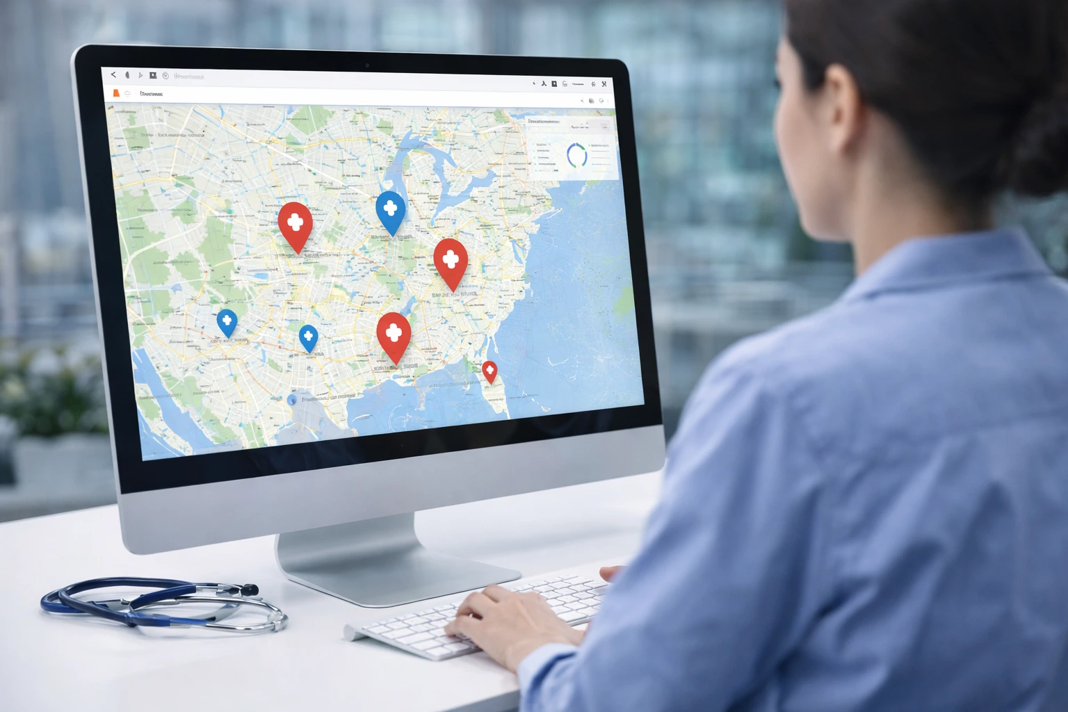 Map-style view with multiple care location markers