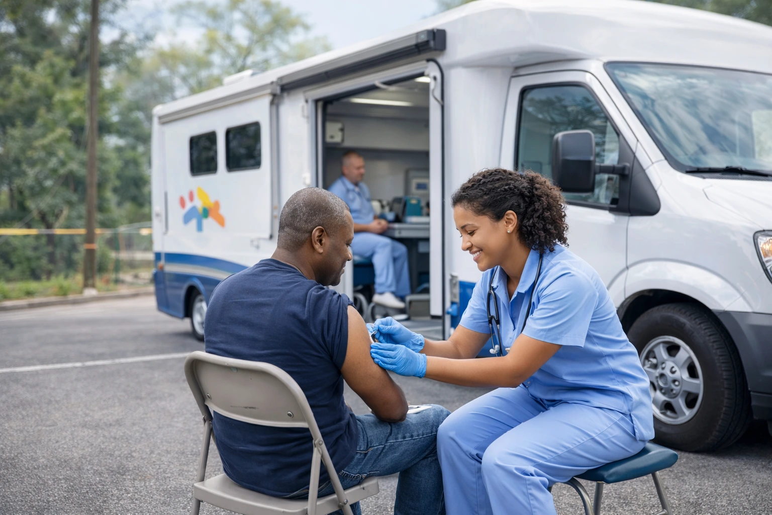 Community clinician assisting a child during a care visit